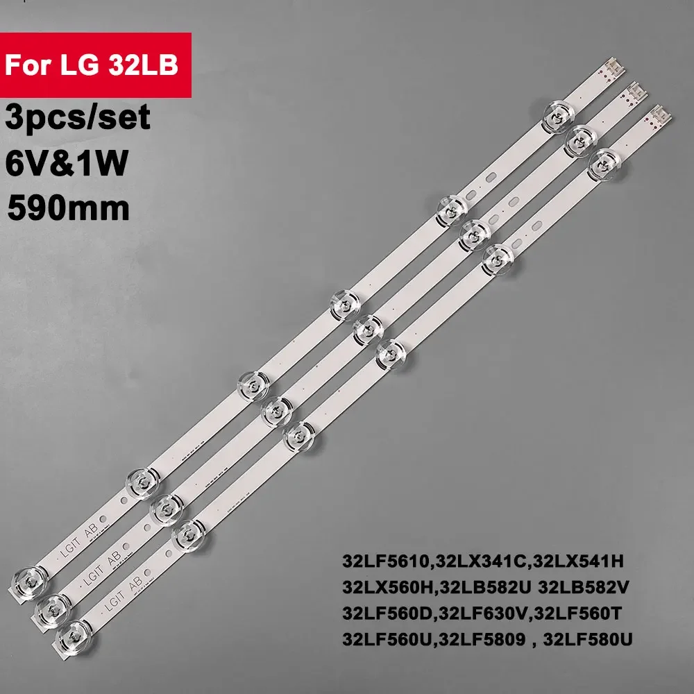 Tira de luz de fundo LED para 32 Polegada, DRT3.0, REV0.9, A-TYPE, 32LB5600, 32LB550U, 32LB550B, 32LB550B-UC, 32LB551A, 590mm, 6V, 2W, 3pcs por conjunto