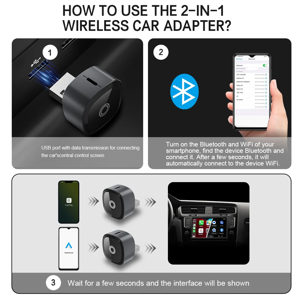 BYLITU Mini T1: محول CarPlay/Android Auto السلكي إلى اللاسلكي مع بلوتوث/واي فاي مدمج، متوافق على نطاق واسع، التوصيل والتشغيل.