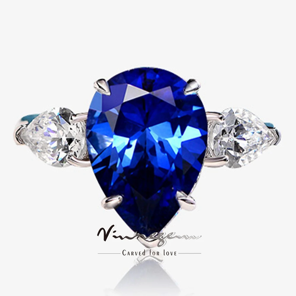 Vinregem 10*14 MM Pear Cut Sapphire High Carbon Diamond Gemstone Engagement Ring for Women 100% 925 Sterling Silver Fine Jewelry