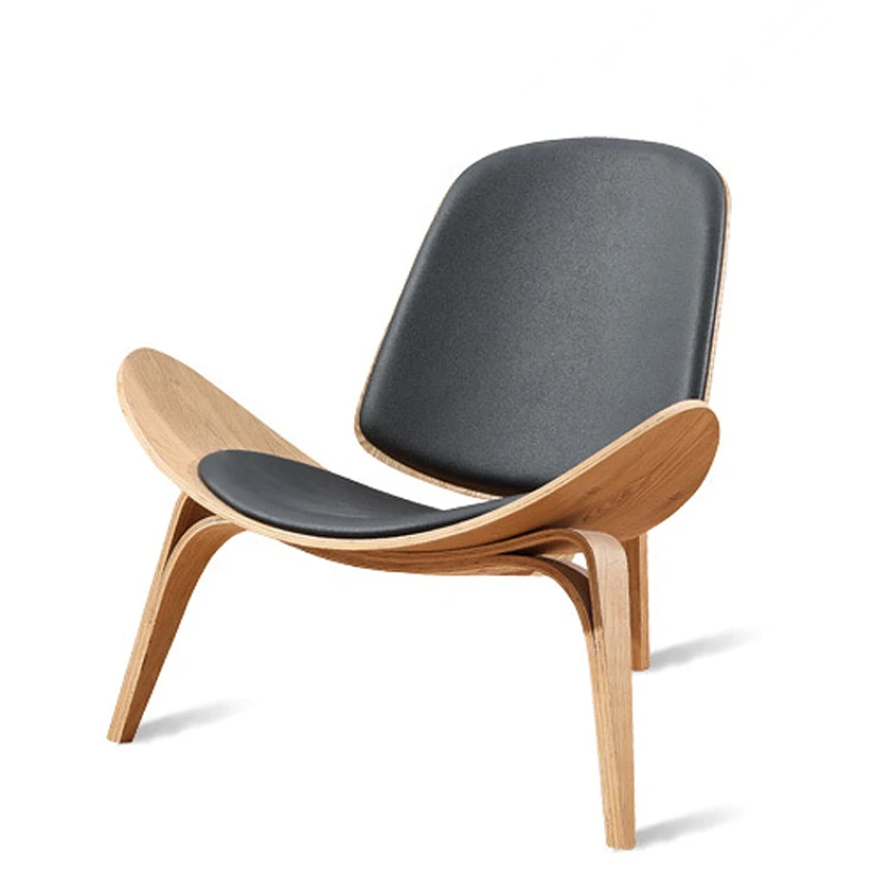 Hans Wegner Style Three-Legged Shell Chair Ash Plywood Black Real Leather Living Room Furniture Modern Shell Chair Replica