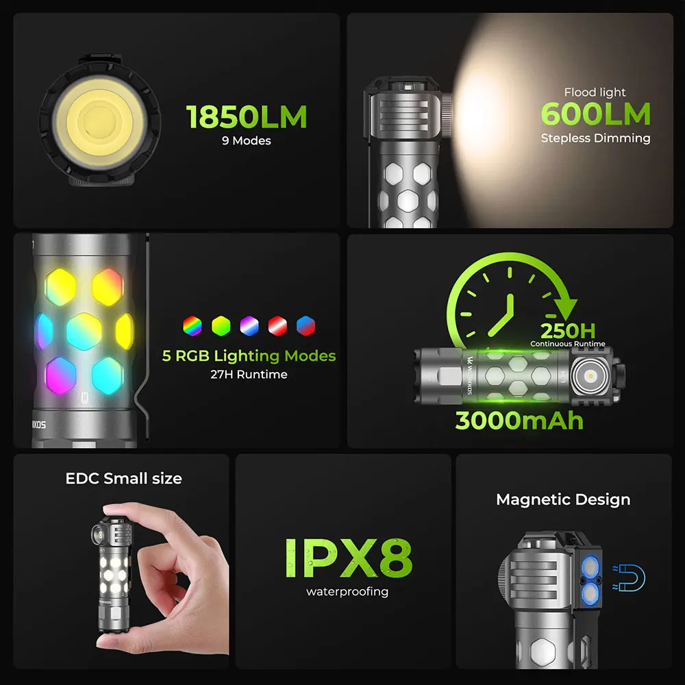 Wurkkos K1 3-in-1 EDC Flashlight 1850LM Magnetic Tail Cap Camping Light 18650 Rechargeable Battery IPX8 Waterproof