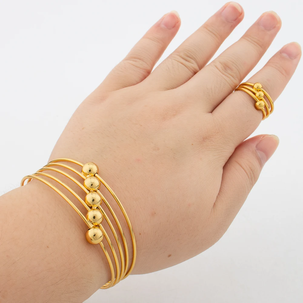 Luxury Cuff Bangles with Ring African Dubai Gold Color Lucky Beads Charm Bracelet Fashion Wedding Jewelry Party Christmas Gifts