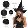 Women Halloween Witch Hat, 6 Styles Black Orange Purple Pointed Witch Hats with Spider Web Lace, Flower, Feather and LED Light Decor, Halloween Party Cosplay Costume Accessory 3