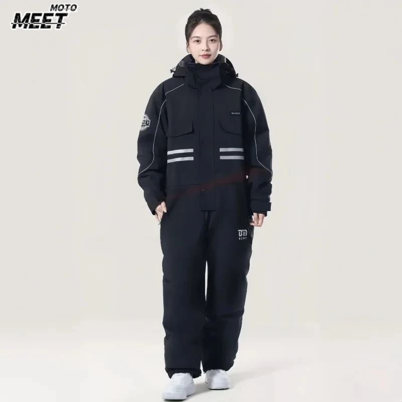 Winter Motorcycle Suit, Fleece‑Lined Thick Waterproof Windproof Full Body Riding Jumpsuit for Men Women, For Motorbike & E‑bike