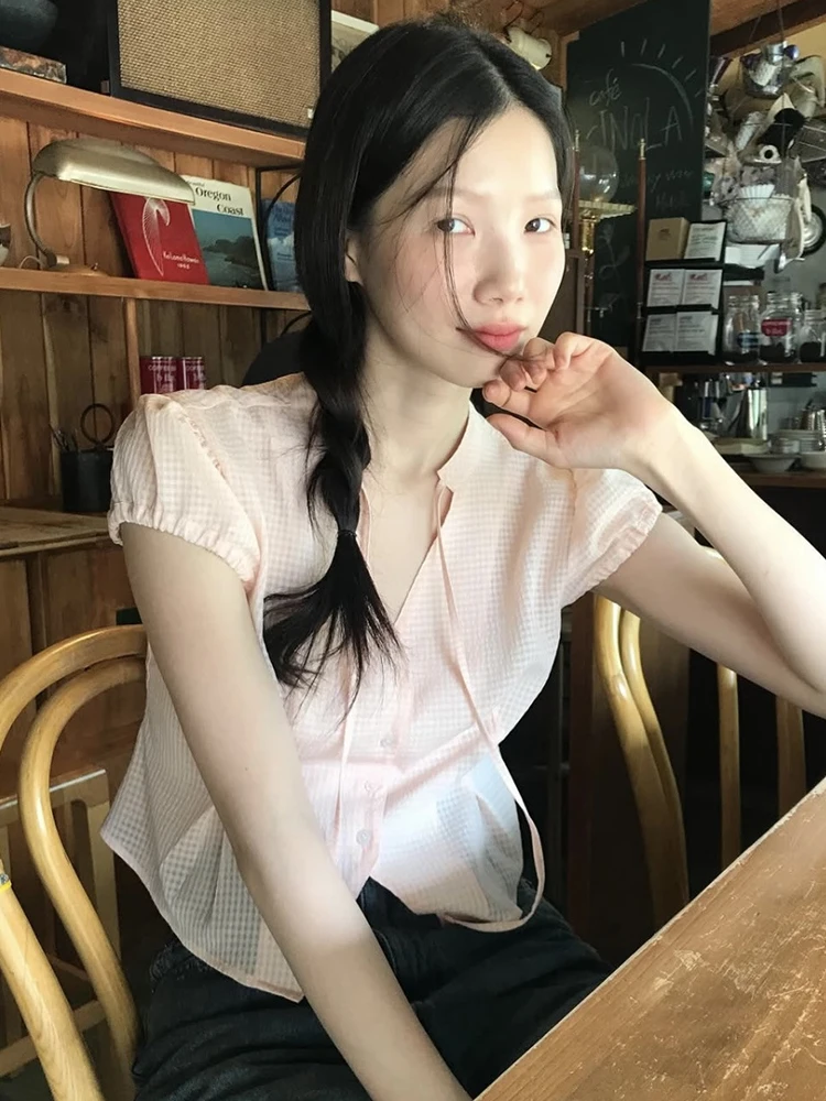 

Tanat Plaid ort Sve irt Women's Loose Layering Top Button-Up Cotton Polyester Bubble Sve V-Ne Regular Length