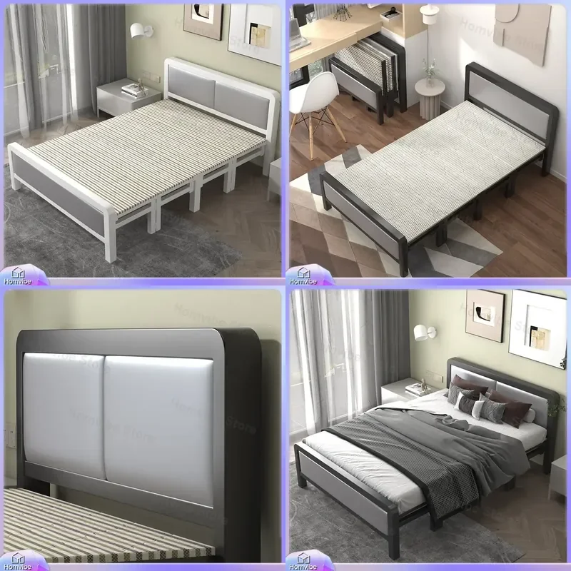 Foldable Lunch Break Bed Simple Single Wooden Iron Frame Adult Household Double Bed for Rental Room