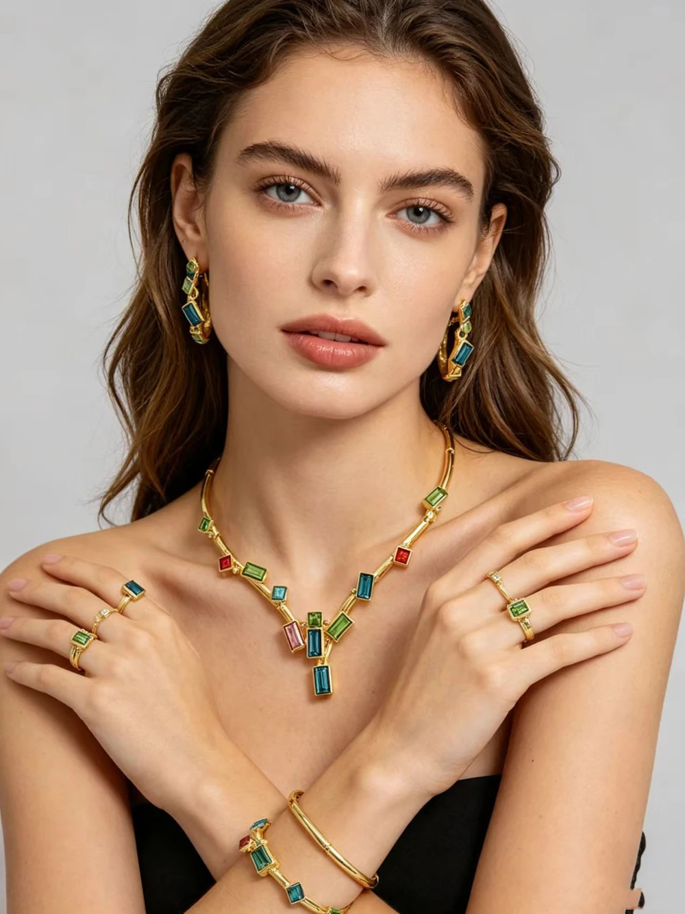 Exquisite Choice Colorful Stone Jewelry Set For Women Necklace Earrings Bangle Ring Eskimo Set Dubai India Wedding Party Gift