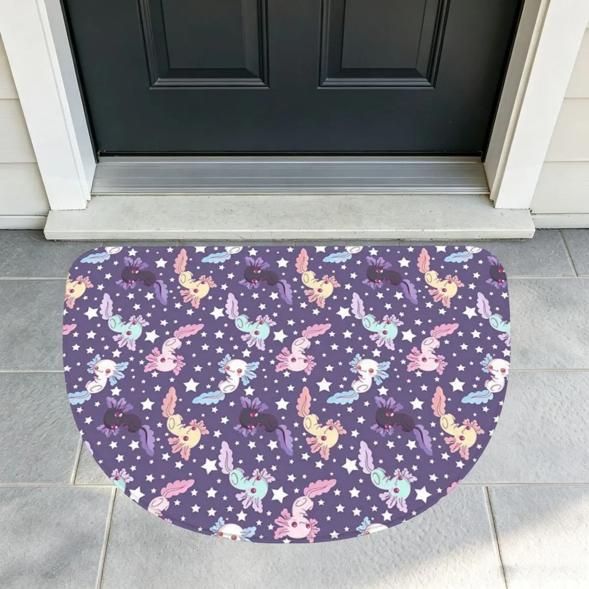 Kawaii Axolotl Pattern Lilac Soft Flannel Half Round Doormat Non Slip Bathroom Mat Absorbent Floor Carpet for Living Room