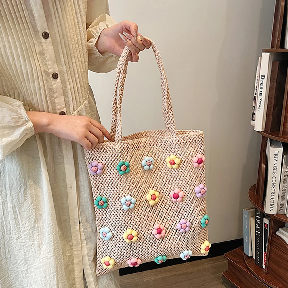 Handwoven Women Shopping Bag Sweet Flower Fashion Knitting Shoulder Bags Large Capacity Beach Travel Underarm Bag Casual Handbag