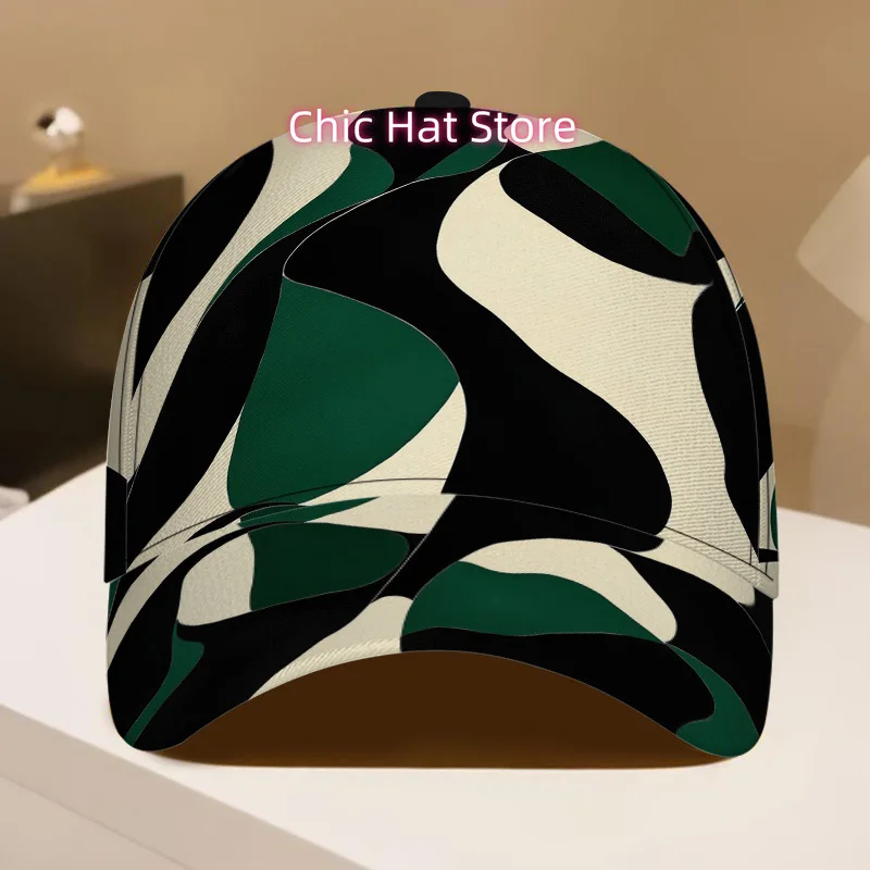 1pc of a Classic Baseball Cap Featuring Abstract Black And Green Shapes, a Fashionable Adjustable Duckbill Hat Ideal for Outings