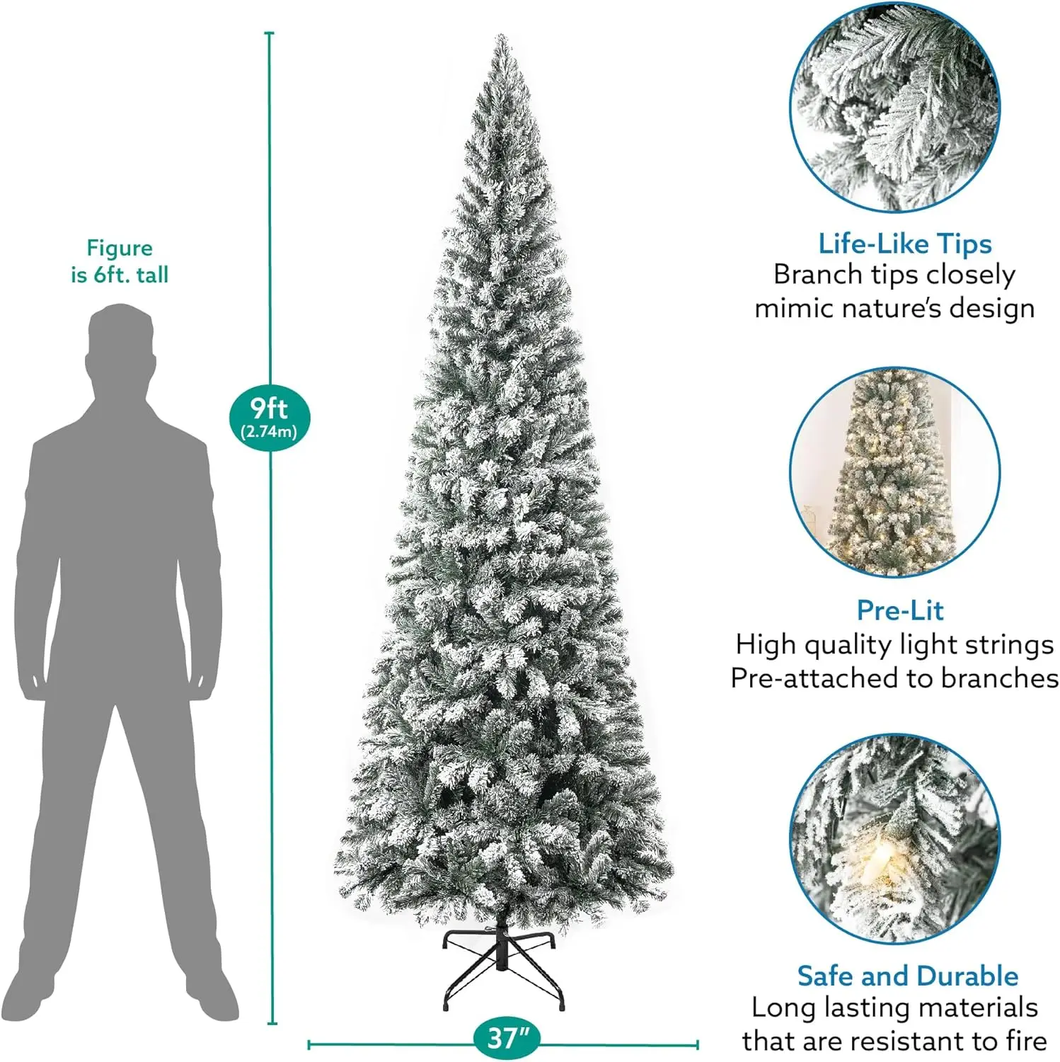 Frosted Prelit Slim Artificial Christmas Tree with 1455 Branch Tips, 500 Warm Lights and Metal Stand, 37