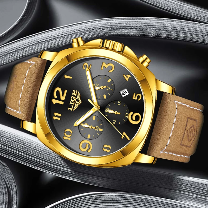 LIGE Outdoor Sports Watches For Men Fashion Business Leather Men's Quartz Wristwatches Waterproof Luminous Big Dial Watch Men