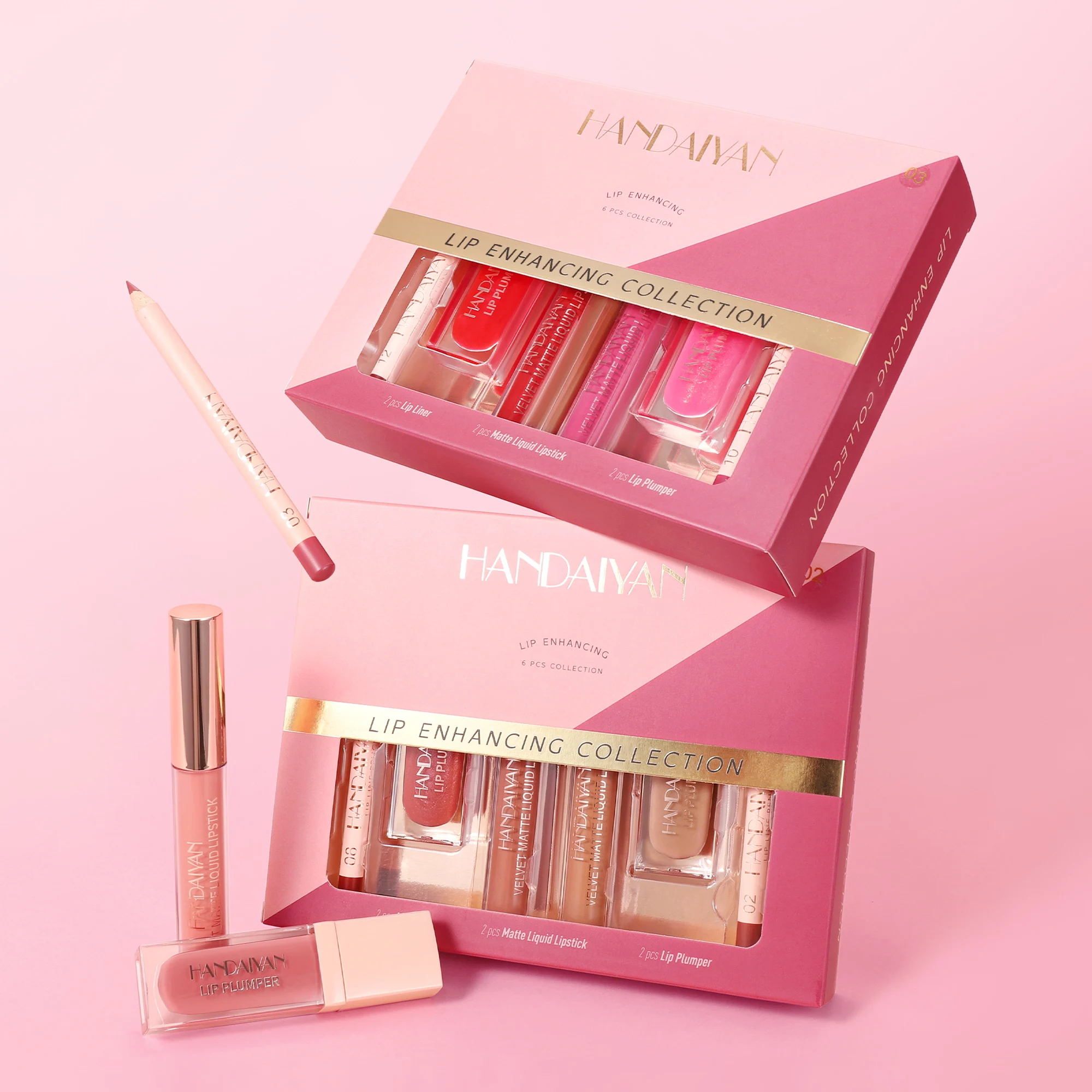 HANDAIYAN Conjunto de delineador labial fosco de longa duração, 6 peças, hidratante, à prova d'água, delineador labial + brilho labial + conjunto de laca labial