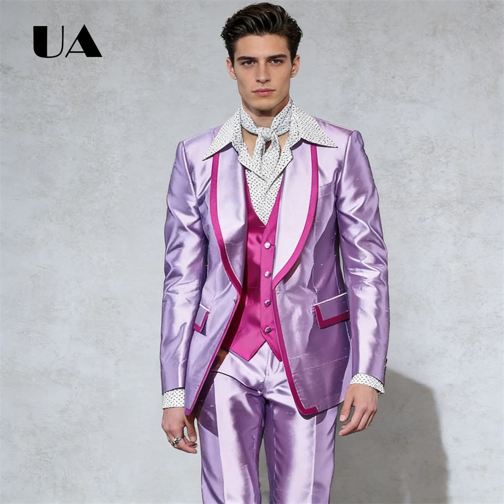 ULBYANRY Pageant Performance Satin Suit for Men, Three Piece Men's Formal Suit Attire, Color Contrasted Modern Fit Suits