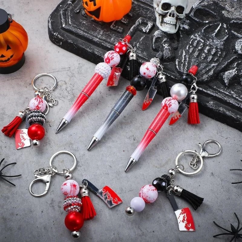 W89C 86Pcs Halloween Theme Beading Pen and Beadable Keychain Set for Kid Adult Halloween Present, with Lobster Clasps Tassels