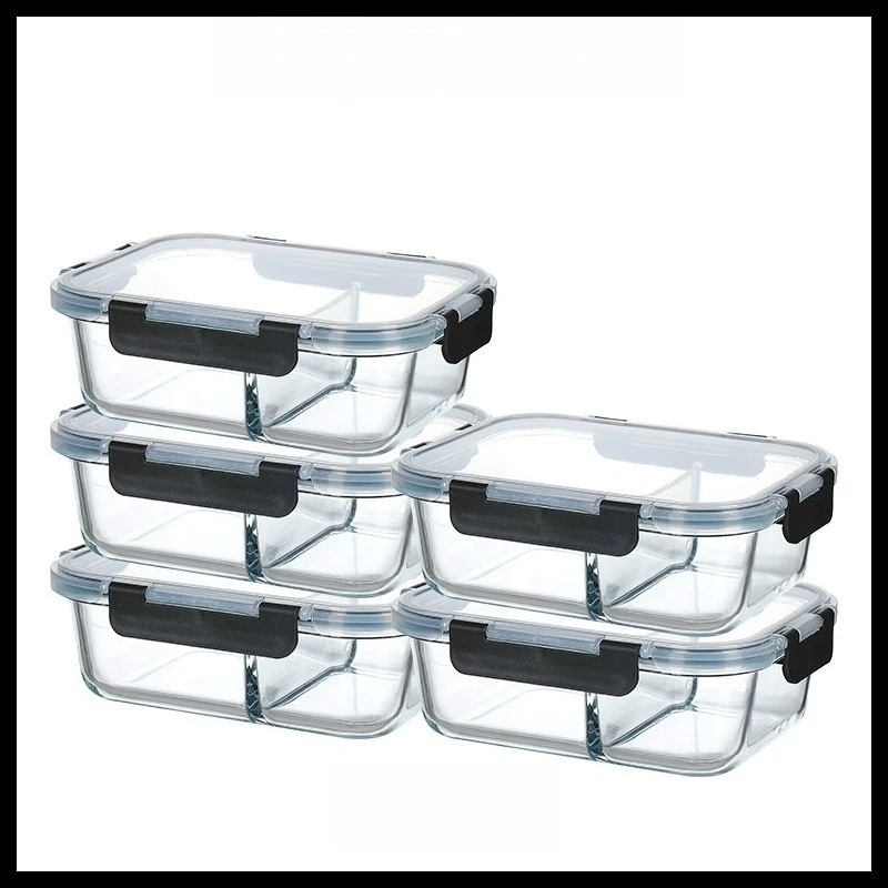 5PCS Heat Resistant Glass Lunch Box Set With Detachable Lid Shockproof Food Preservation Container For Refrigerator