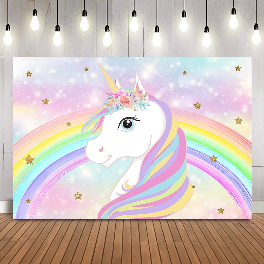 Rainbow unicorn birthday backdrop baby shower bokeh glitter photo background birthday photocall floral birthday party supplies