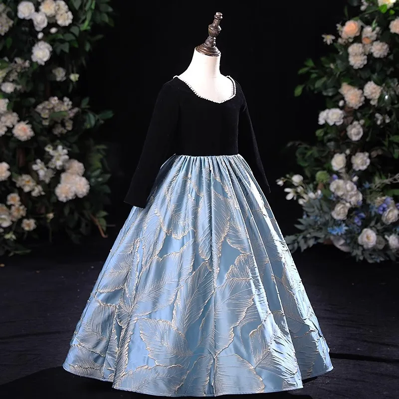 Children's Formal Dress Princess Dress High-end Satin Flower Girl Piano Performance Dress Little Girl Host Spring Long Sleeve
