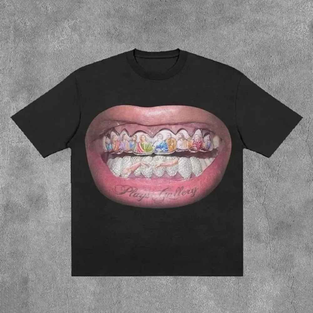 Teeth Letter Graphic Print Oversized T Shirt Mens Womens Y2k Top Hip Hop Harajuku Gothic T Shirts Short Sleeve Streetwear Tops