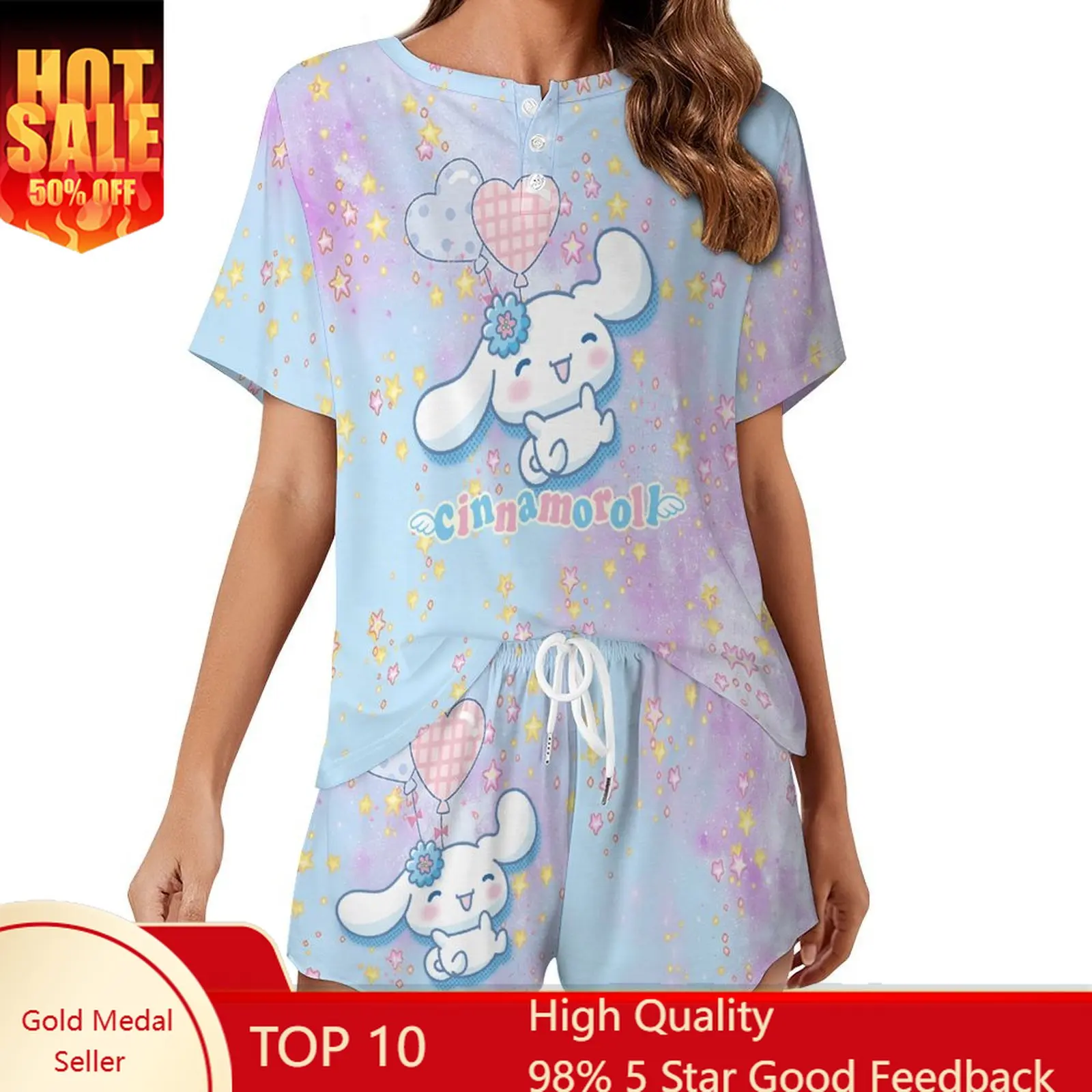 

Cinnamoroll Loungewear Womans Homewear Sanrio Cartoon Pyjamas Cute Cat Casual Nightwear Suit Short Sleeved Top and Shorts