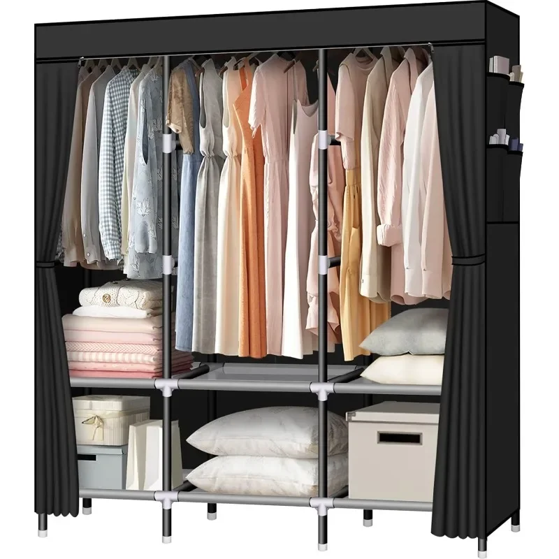 

LOKEME Portable Wardrobe Non-Woven Fabric, Stable and Easy Assembly Black Portable Closets for Hanging Clothes with Side Pockets