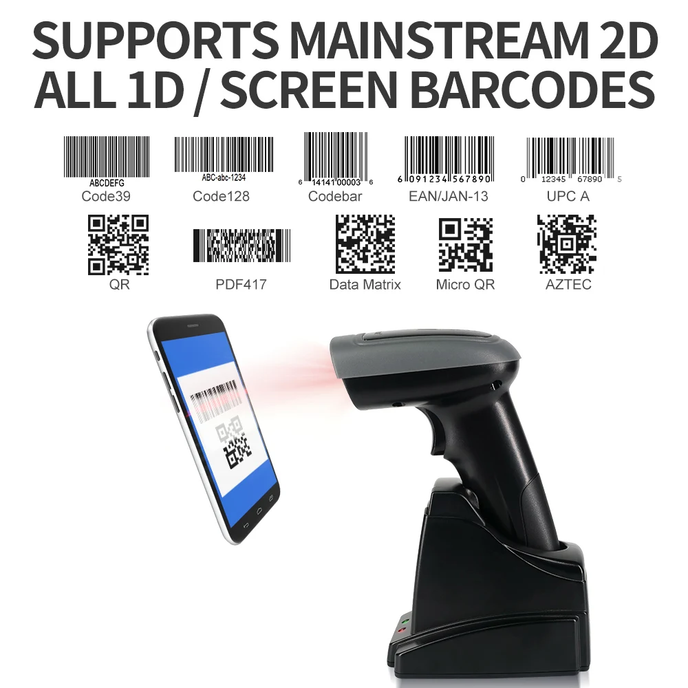 GTCODESTAR X-1901C QR Code Scanner with Cradle 2.4G Handheld Barcode Scanner Android 2D Wireless Barcode Reader for Inventory