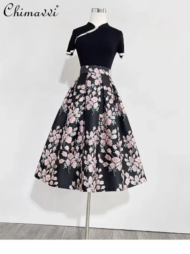 

French Elegant Style Heavy Industry Embroidery Jacquard Long Skirt Fashion Versatile High Waist A-line Pleated Skirts for Women