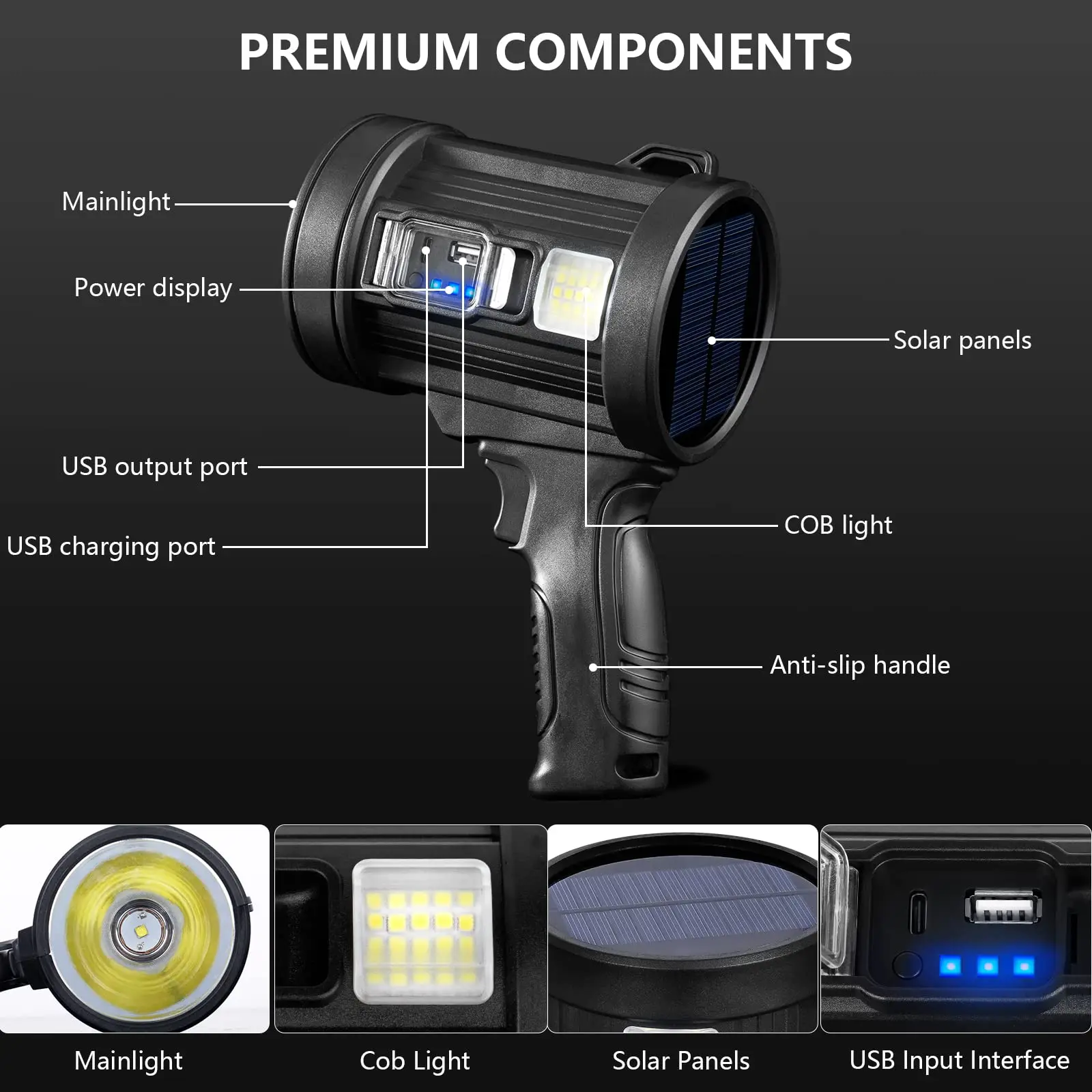 Rechargeable Spotlight, 1000,000 Lumens Handheld Hunting Flashlight Led Spot light with Cob Light and Solar Panels  for Camping