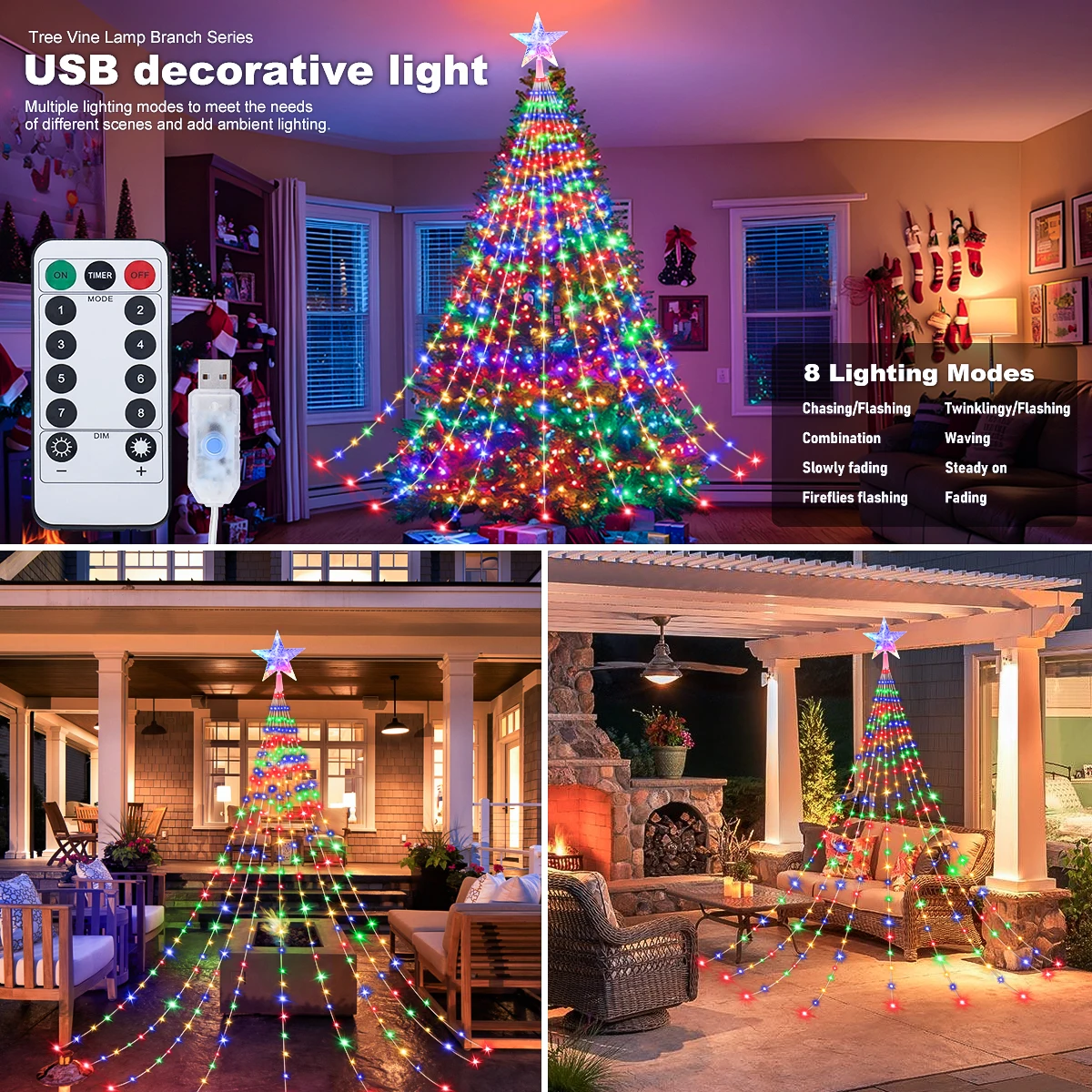 2M/3M USB Christmas Decorations Star String Lights 8 Lighting Modes Waterproof LED Fairy Lights for Room Bedroom Wedding Party