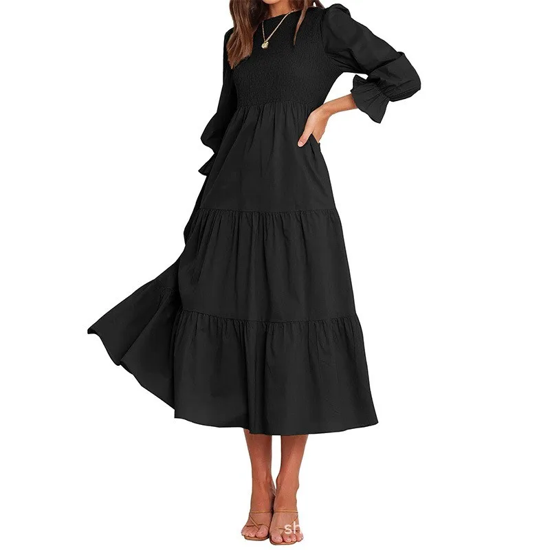 Spring And Autumn Fashion Woman Long Sleeved Pleated Layered Solid Color Dress Elegant Women Round Neck Ruffle Edge Maxi Dresses