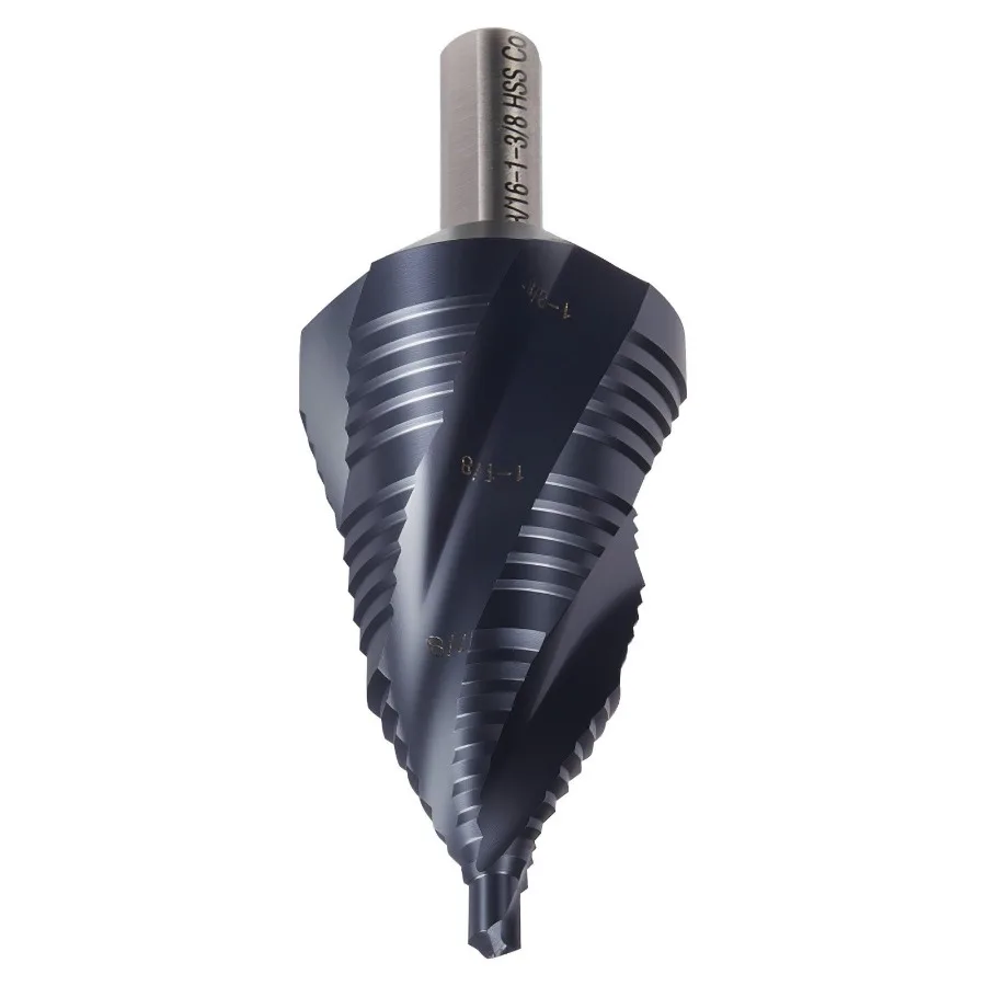 

Step Drill Bit, 3/16 to 1-3/8 inch, 3/8 inch Triangular Shank, TiAlN Coating Cobalt High Speed Steel, Four Spiral Flute Step