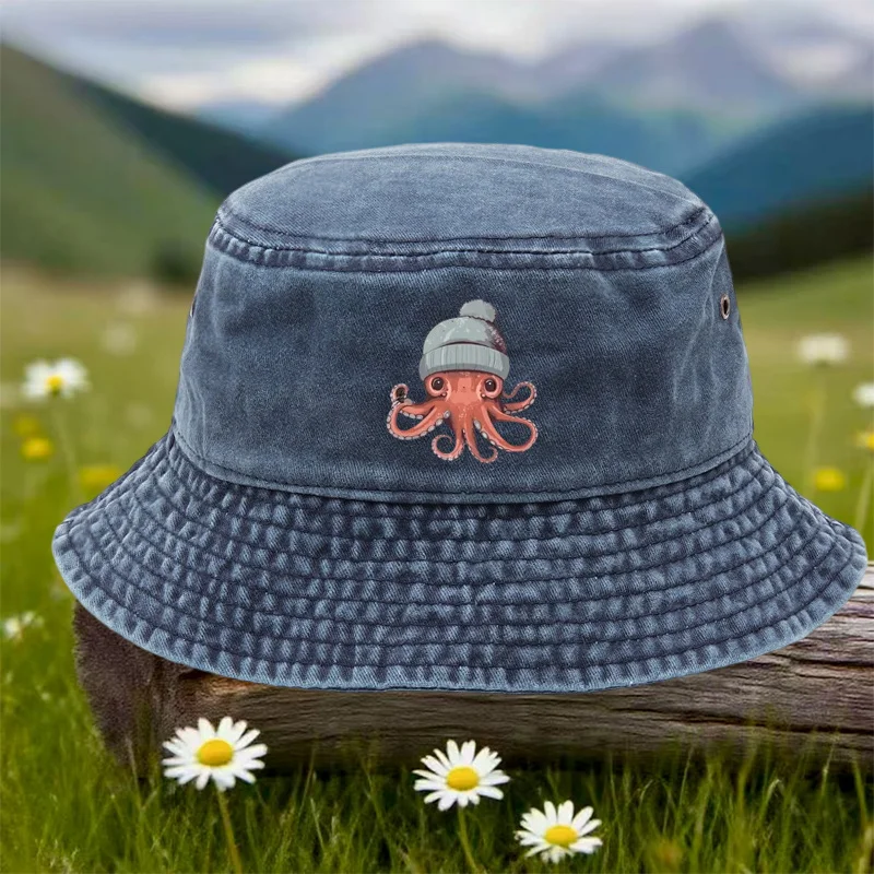 A Single Outdoor Sports Casual Bucket Hat Featuring a Printed Design of an Octopus in a Beanie. This Unisex Hat Is Adjustable An