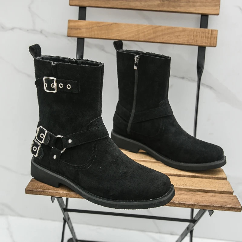 

Winter Men High-top Chelsea Boots Black American Casual Side Zipper Fashion Buckle High-quality Boots Outdoor Training Boots Men