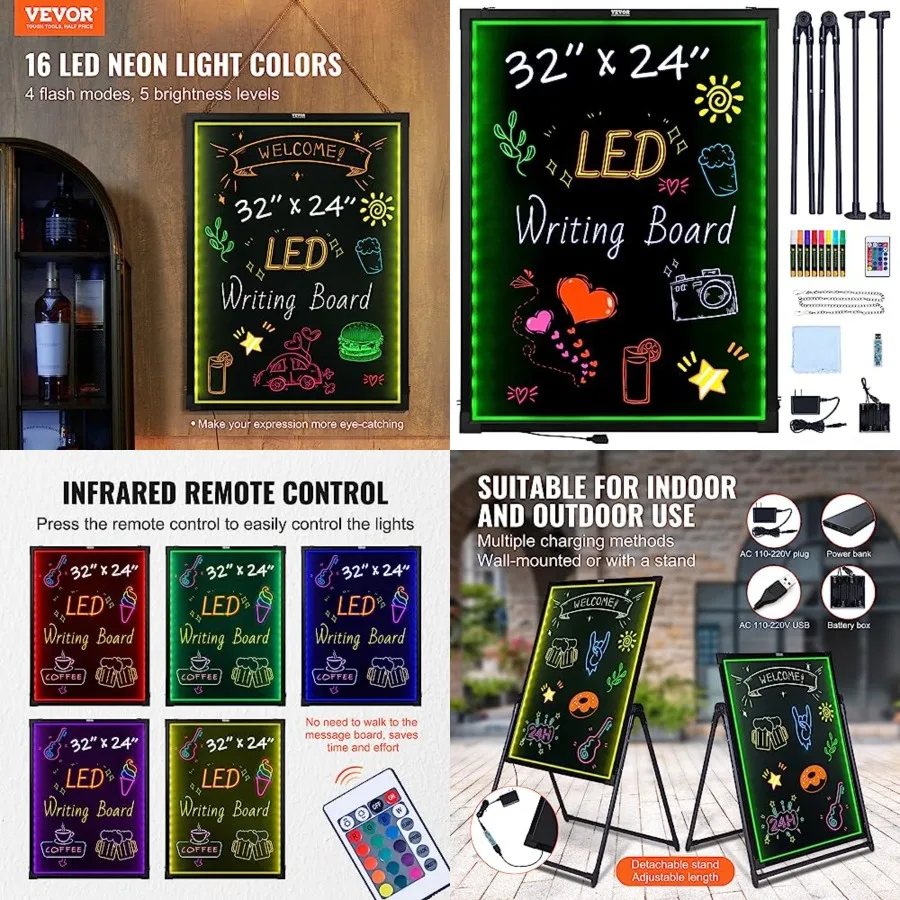 

32"x24" LED Message Writing Board, Menu Sign Boards, Illuminated Erasable Lighted Chalkboard, Neon Effect Drawing Panel with 8