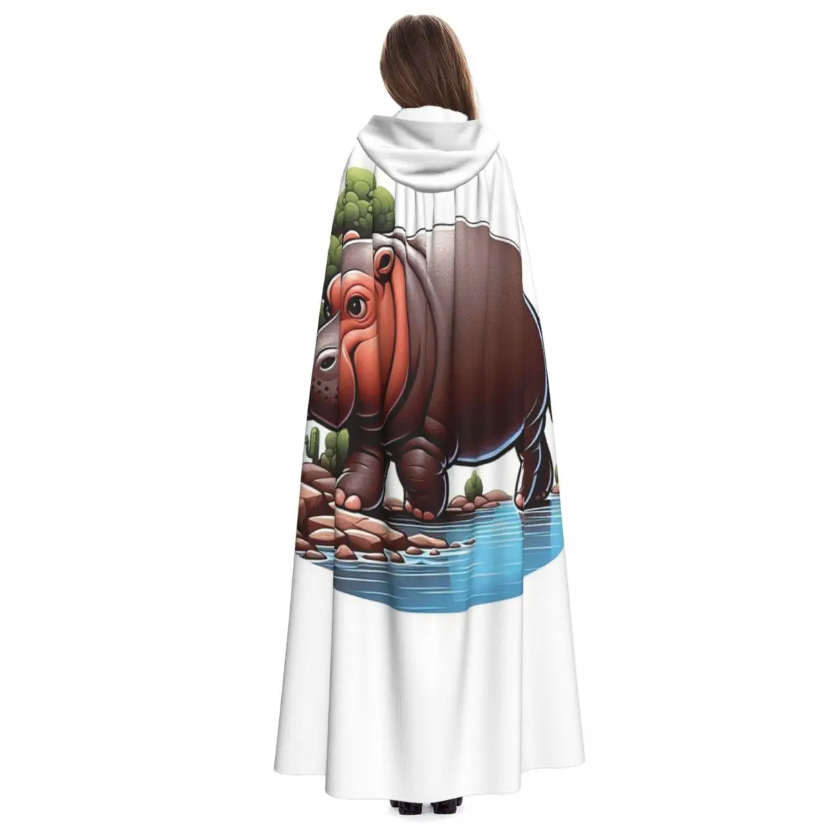 A Pygmy Hippopotamus Strolling By The River Long Hooded Cloak Witch Medieval Costume Cosplay Cape HalloweenCoat Adult Unisex - view 6