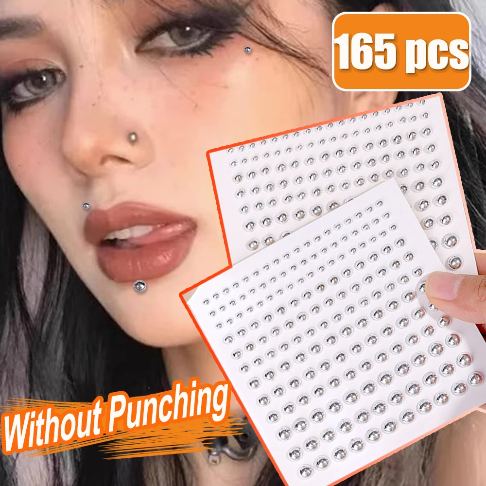 165PCS Non Piercing Lip Nails Sticker Selfadhesive Waterproof Reusable Fake Lip Nail Eyebrow Nose Ring Body Belly Button Jewelry