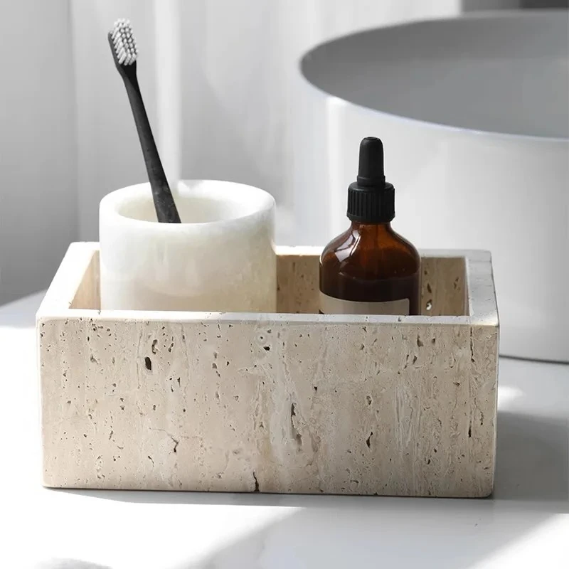 

Natural Marble Storage Containers, Cotton Swab Holder Rectangular Organizers Travertine Tray Box for Qtips, Makeup,Bathroom,Home