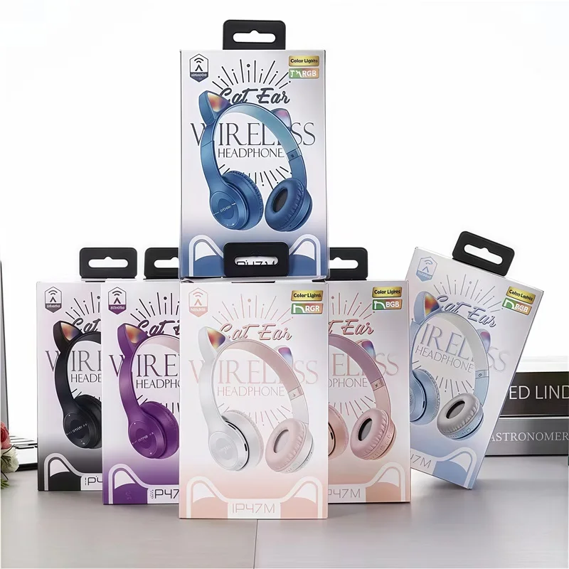 P47M Wireless Bluetooth Headset Gamer Cat LED Light Foldable Noise Cancelling Earbuds Wireless Headphones Bluetooth Earphones