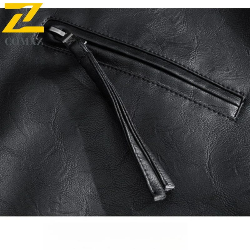 COMXZ Mens Leather Jacket Outdoor Adventure Windproof Leather Coats Fashion Stand Collar Loose Durable Autumn Winter New Coat​