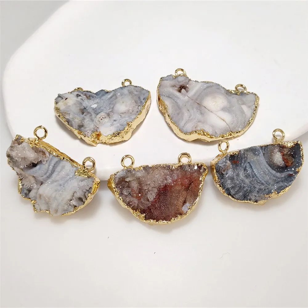 5Pcs Golden Plated Galaxy Quartz Pendant, Rough Sun Agate Double Bail Druzy Stone for Necklace Crafting PD133