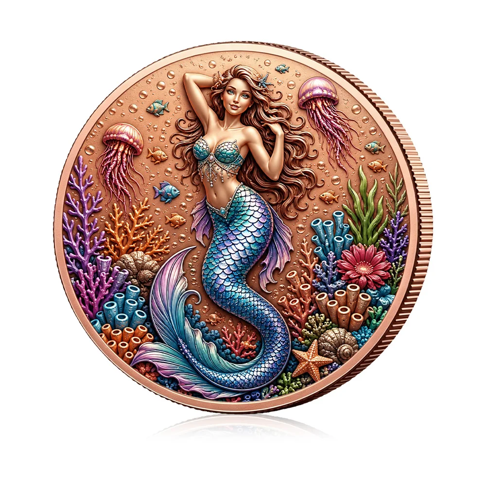 Mermaid 5 Oz .999 Fine Copper Coin Color Embossed Seabed Mermaid Copper Bullion Desktop Ornament Hobby Collection Souvenir Gift