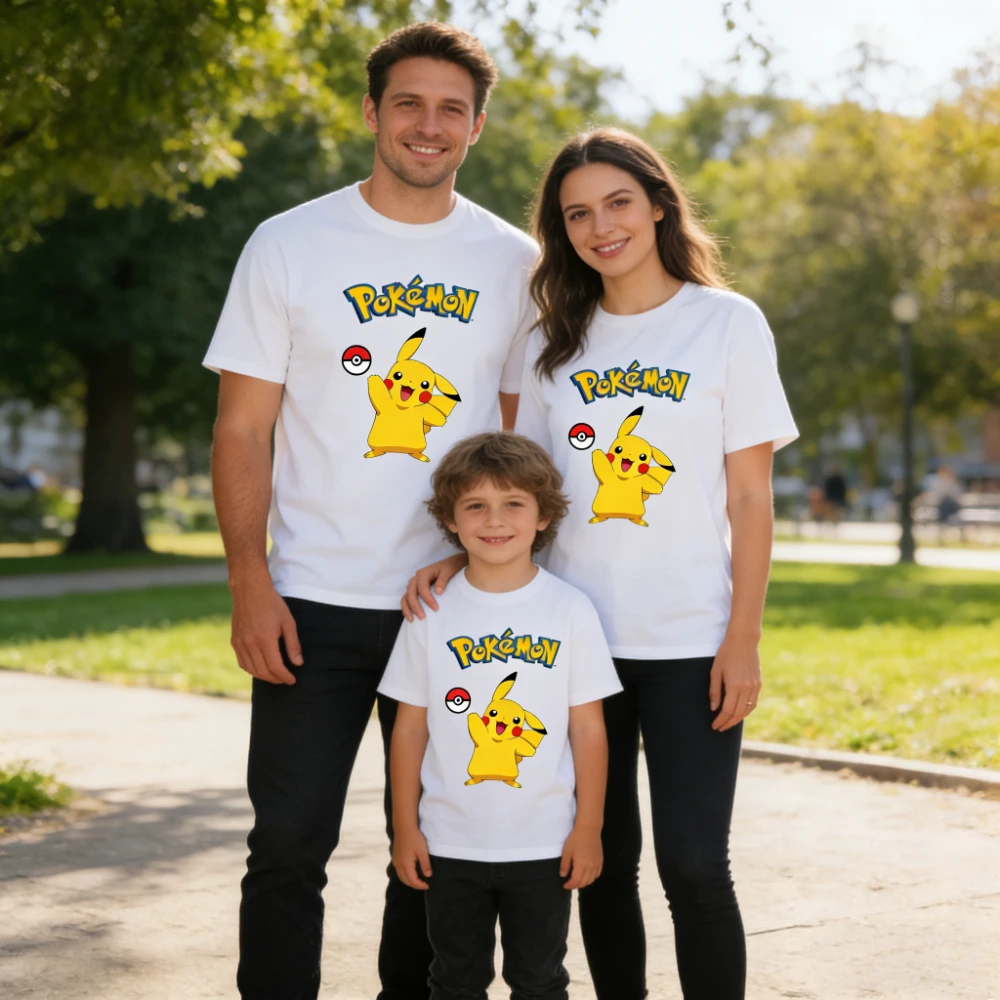 2026 Neues Pokemon Pikachu Print T-Shirt Unisex Vielseitiges Freizeit-T-Shirt für Männer Frauen Kinder Familie Passende Kurzarm-Tops Streetwear