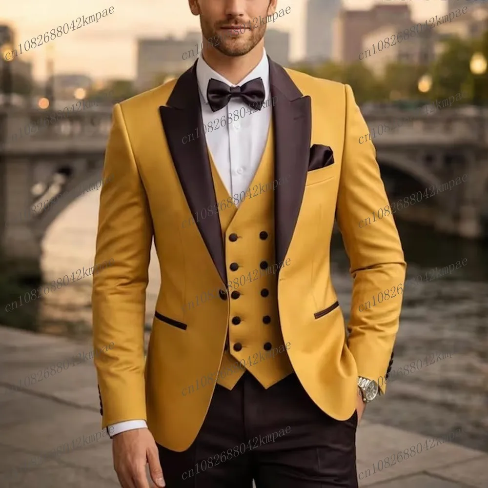 

Yellow And Dark Brown Formal Men Suit Groom Groomsman Wedding Party Prom Business Male Tuxedos 3 Piece Set Blazer Vest Pants 01