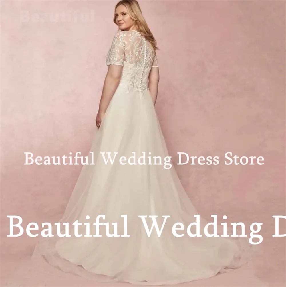 2024 Vestidos Women Wedding Dress O-Neck Short Sleeves Lace Appliques Floor-Length Beach A-Line Tulle Wedding Party Dress Robe