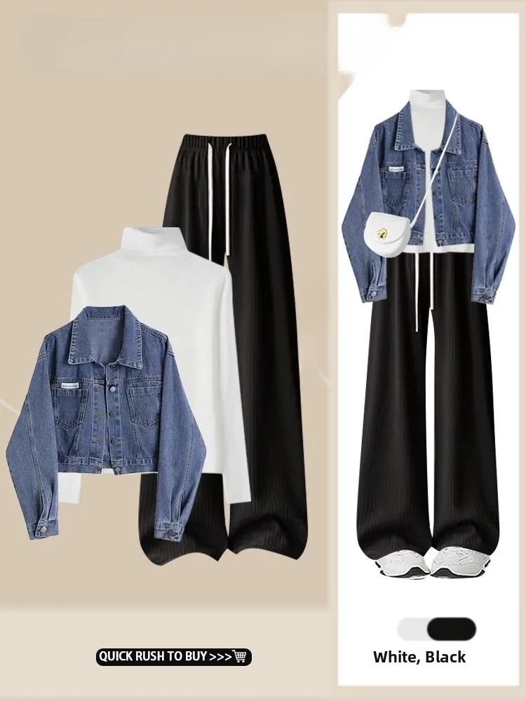 

Корейский универсальный джинсовый комплект: легкая куртка и свободные брюки с высокой талией, струящиеся, в стиле кэжуал, из двух предметов