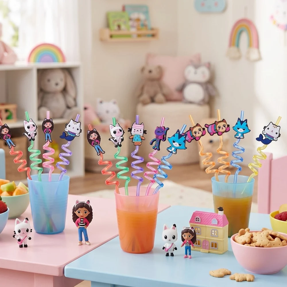 8 Canudos Plásticos Reutilizáveis em Espiral da Gabby Dollhouse para Crianças, Acessórios para Bebidas em Festas de Aniversário e Chá de Bebê