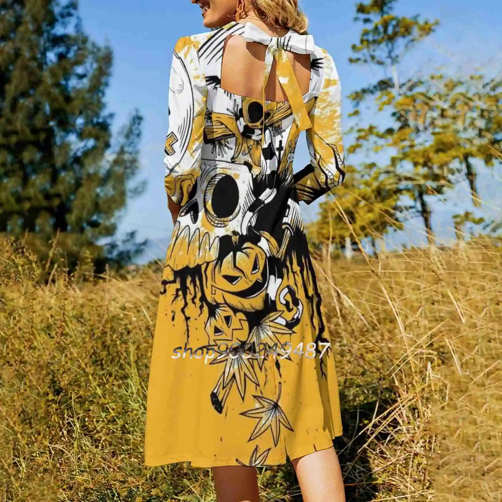 Samhain Scarecrow Sweetheart Knot Flared Dress Fashion Design Large Size Loose Dress Autumn Scarecrow Halloween Pumpkin Death