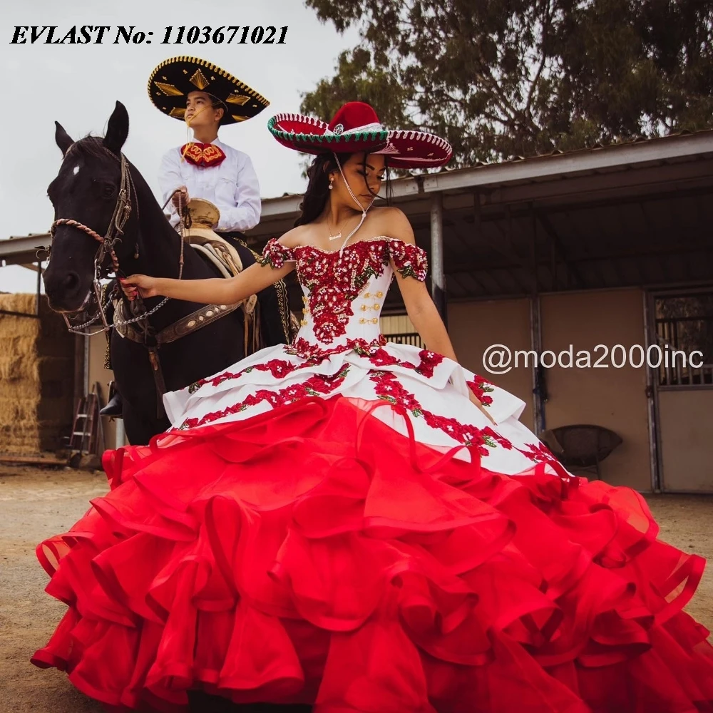 فستان Quinceanera باللون الأحمر من EVLAST مخصص من Charro فستان كوينسيانيرا مطرز بالزهور وكشكشة حلوة 16 فيستدوس دي 15 أنوس SQ578