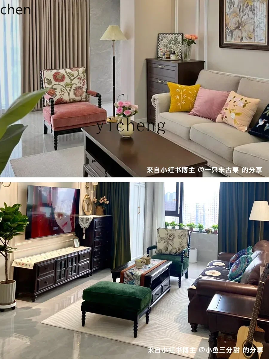 ZMLdown Sofa American Retro Living Room Furniture Solid Wood Fabric Wingback Chair Single Leisure Couch