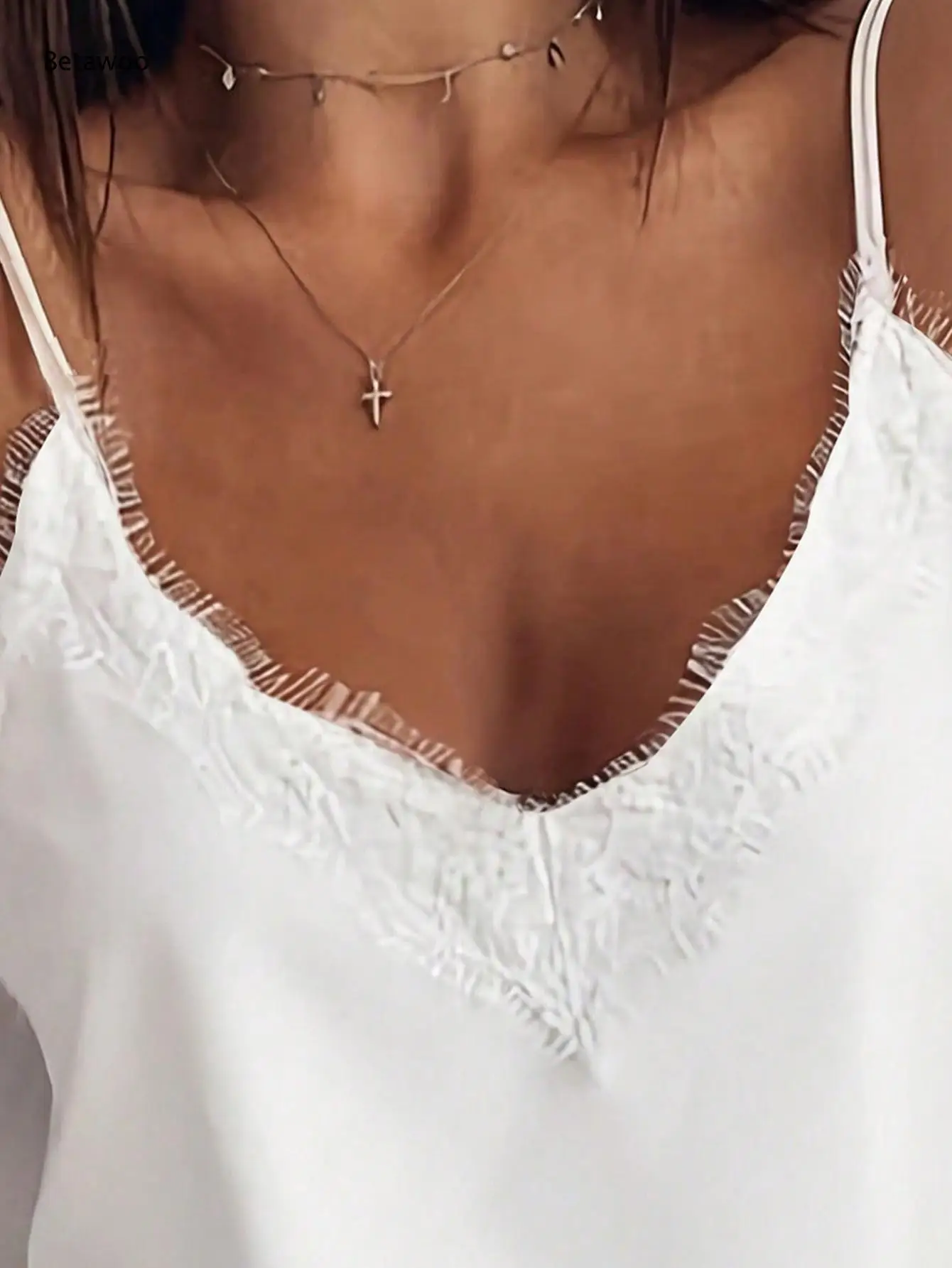 Women V Neck Spaghetti Strap Camisole Fringe Trim Waffle Fabric Casual Ladies Tank Top